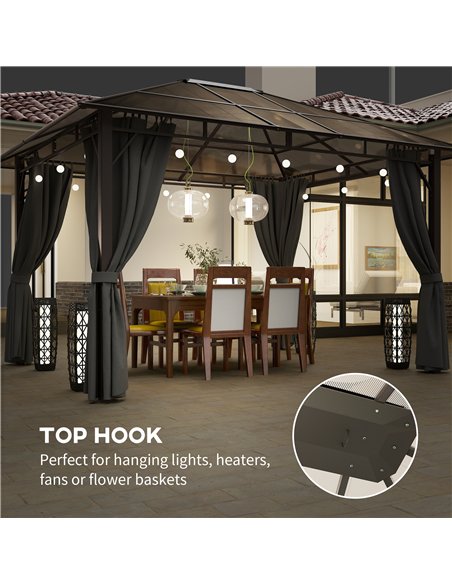 Outsunny 3 x 3.6m Hardtop Gazebo Canopy with Polycarbonate Roof Garden Pavilion with Removable Curtains and Steel Frame, Dark Gr - pic 119374 | FastDaddyshop