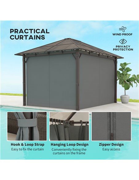 Outsunny 3 x 3.6m Hardtop Gazebo Canopy with Polycarbonate Roof Garden Pavilion with Removable Curtains and Steel Frame, Dark Gr - pic 119375 | FastDaddyshop