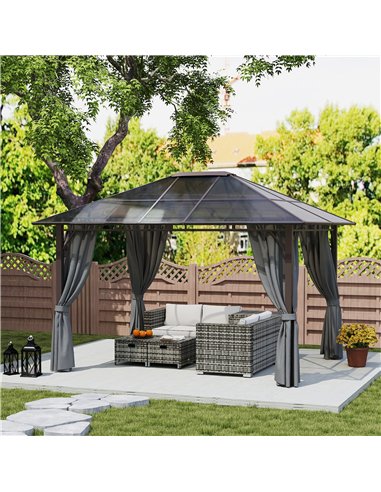 Outsunny 3 x 3.6m Hardtop Gazebo Canopy with Polycarbonate Roof Garden Pavilion with Removable Curtains and Steel Frame, Dark Gr