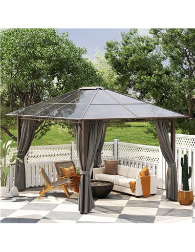 Outsunny 3 x 3.6m Hardtop Gazebo Canopy with Polycarbonate Roof Garden Pavilion with Removable Curtains and Steel Frame, Dark Gr