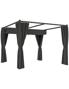 Outsunny 3 x 3(m) Retractable Pergola, Garden Gazebo Shelter with Curtains, for Grill, Patio, Deck, Charcoal Grey