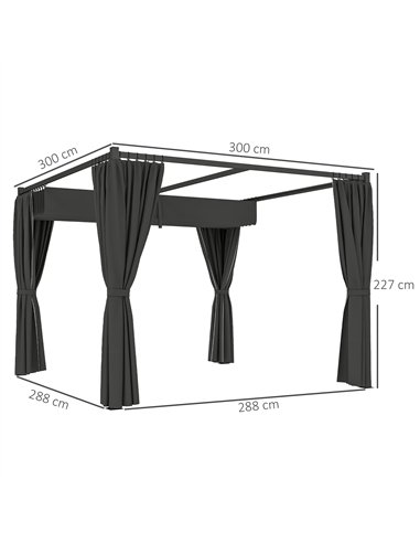 Outsunny 3 x 3(m) Retractable Pergola, Garden Gazebo Shelter with Curtains, for Grill, Patio, Deck, Charcoal Grey