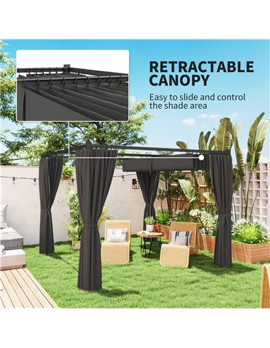 Outsunny 3 x 3(m) Retractable Pergola, Garden Gazebo Shelter with Curtains, for Grill, Patio, Deck, Charcoal Grey