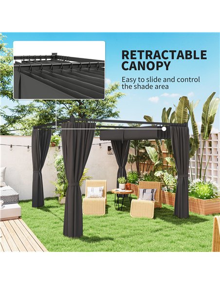Outsunny 3 x 3(m) Retractable Pergola, Garden Gazebo Shelter with Curtains, for Grill, Patio, Deck, Charcoal Grey - pic 119382 | FastDaddyshop
