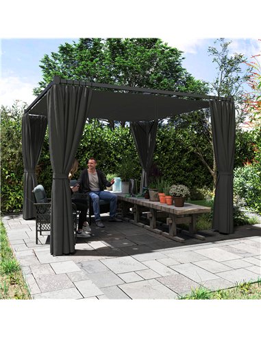 Outsunny 3 x 3(m) Retractable Pergola, Garden Gazebo Shelter with Curtains, for Grill, Patio, Deck, Charcoal Grey
