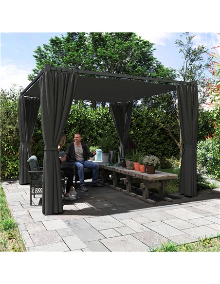 Outsunny 3 x 3(m) Retractable Pergola, Garden Gazebo Shelter with Curtains, for Grill, Patio, Deck, Charcoal Grey - pic 119385 | FastDaddyshop