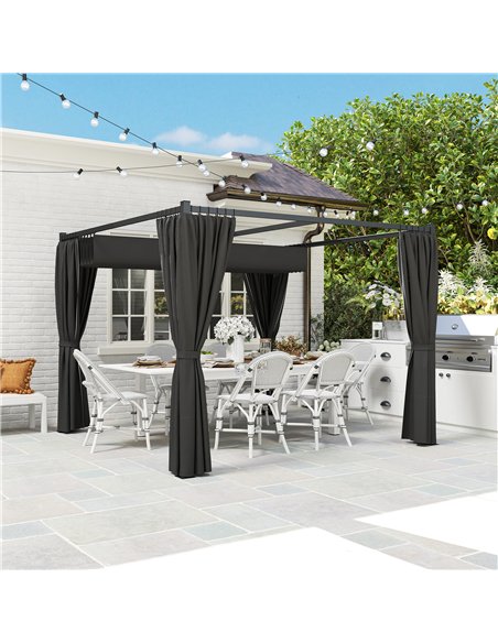 Outsunny 3 x 3(m) Retractable Pergola, Garden Gazebo Shelter with Curtains, for Grill, Patio, Deck, Charcoal Grey - pic 119386 | FastDaddyshop