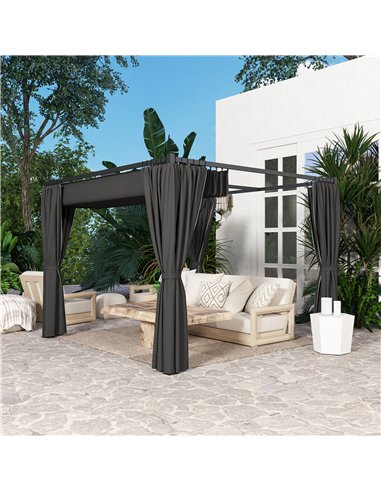 Outsunny 3 x 3(m) Retractable Pergola, Garden Gazebo Shelter with Curtains, for Grill, Patio, Deck, Charcoal Grey