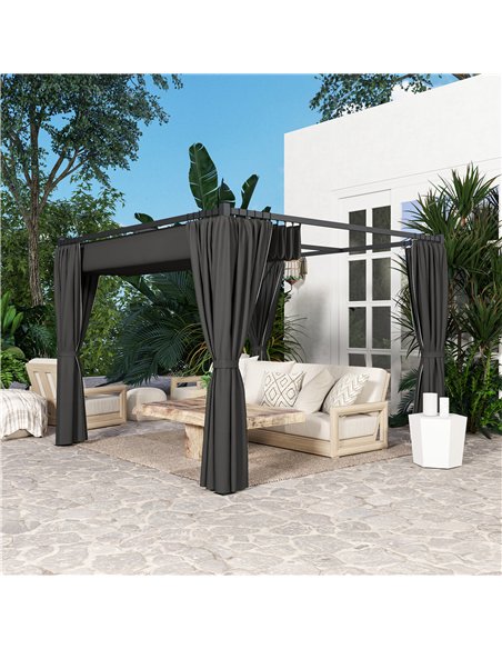 Outsunny 3 x 3(m) Retractable Pergola, Garden Gazebo Shelter with Curtains, for Grill, Patio, Deck, Charcoal Grey - pic 119387 | FastDaddyshop