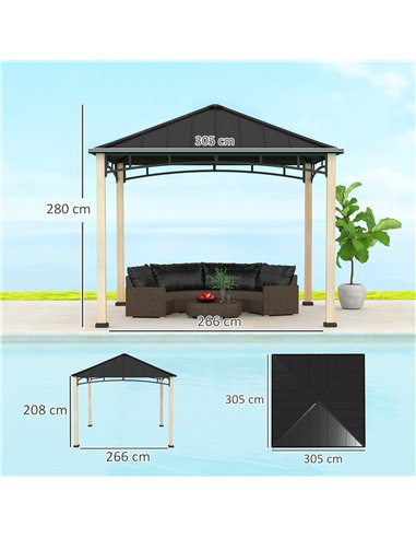 Outsunny 3 x 3 m Decorative Metal Gazebo - Black/Wood-Effect
