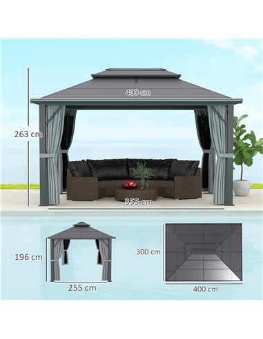 Outsunny 3 x 4m Hardtop Gazebo Canopy with UPF30+ Double Polycarbonate Roof, Aluminium Frame Garden Gazebo Permanent Pavilion wi