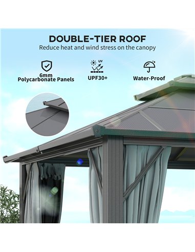 Outsunny 3 x 4m Hardtop Gazebo Canopy with UPF30+ Double Polycarbonate Roof, Aluminium Frame Garden Gazebo Permanent Pavilion wi