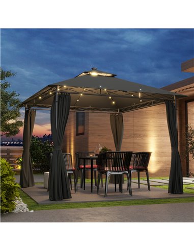Outsunny 3 x 3 m Garden Gazebo, Double Roof Metal Gazebo with Curtains and Solar-Powered LED Lights, Outdoor Gazebo Canopy Shelt