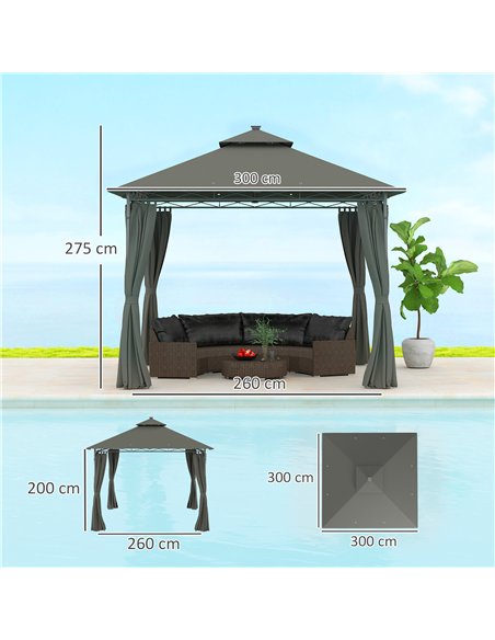 Outsunny 3 x 3 m Garden Gazebo, Double Roof Metal Gazebo with Curtains and Solar-Powered LED Lights, Outdoor Gazebo Canopy Shelt - pic 119426 | FastDaddyshop
