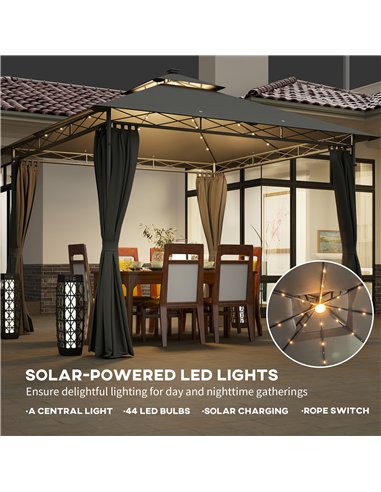 Outsunny 3 x 3 m Garden Gazebo, Double Roof Metal Gazebo with Curtains and Solar-Powered LED Lights, Outdoor Gazebo Canopy Shelt