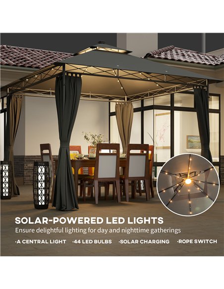Outsunny 3 x 3 m Garden Gazebo, Double Roof Metal Gazebo with Curtains and Solar-Powered LED Lights, Outdoor Gazebo Canopy Shelt - pic 119427 | FastDaddyshop