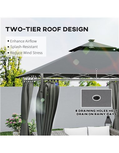 Outsunny 3 x 3 m Garden Gazebo, Double Roof Metal Gazebo with Curtains and Solar-Powered LED Lights, Outdoor Gazebo Canopy Shelt