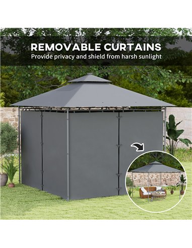 Outsunny 3 x 3 m Garden Gazebo, Double Roof Metal Gazebo with Curtains and Solar-Powered LED Lights, Outdoor Gazebo Canopy Shelt