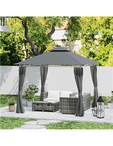Outsunny 3 x 3 m Garden Gazebo, Double Roof Metal Gazebo with Curtains and Solar-Powered LED Lights, Outdoor Gazebo Canopy Shelt