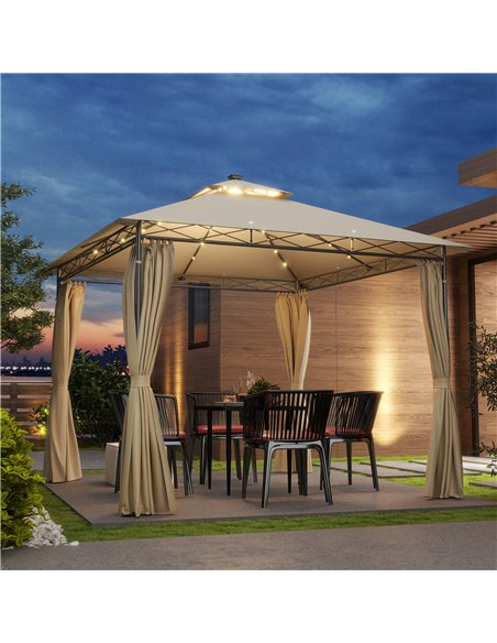 Outsunny 3 x 3 m Garden Gazebo, Double Roof Metal Gazebo with Curtains and Solar-Powered LED Lights, Outdoor Gazebo Canopy Shelt - pic 119443 | FastDaddyshop