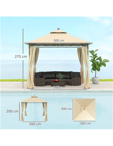 Outsunny 3 x 3 m Garden Gazebo, Double Roof Metal Gazebo with Curtains and Solar-Powered LED Lights, Outdoor Gazebo Canopy Shelt