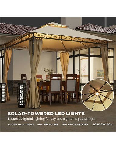 Outsunny 3 x 3 m Garden Gazebo, Double Roof Metal Gazebo with Curtains and Solar-Powered LED Lights, Outdoor Gazebo Canopy Shelt