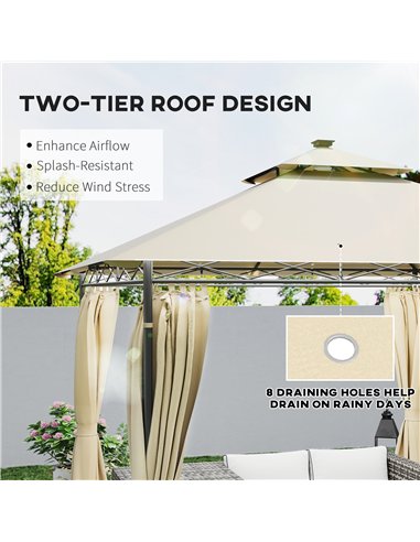 Outsunny 3 x 3 m Garden Gazebo, Double Roof Metal Gazebo with Curtains and Solar-Powered LED Lights, Outdoor Gazebo Canopy Shelt
