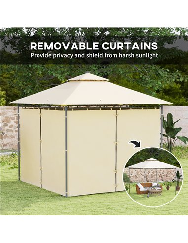 Outsunny 3 x 3 m Garden Gazebo, Double Roof Metal Gazebo with Curtains and Solar-Powered LED Lights, Outdoor Gazebo Canopy Shelt