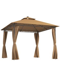 Outsunny 3 x 3 m Garden Gazebo, Double Roof Metal Gazebo with Curtains and Solar-Powered LED Lights, Outdoor Gazebo Canopy Shelt