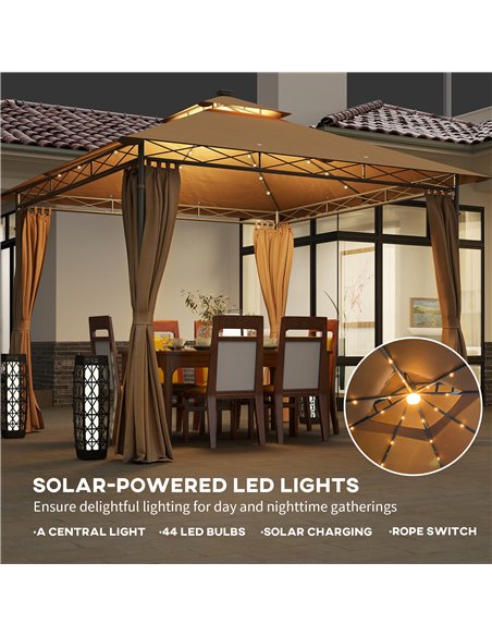 Outsunny 3 x 3 m Garden Gazebo, Double Roof Metal Gazebo with Curtains and Solar-Powered LED Lights, Outdoor Gazebo Canopy Shelt - pic 119454 | FastDaddyshop