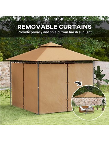 Outsunny 3 x 3 m Garden Gazebo, Double Roof Metal Gazebo with Curtains and Solar-Powered LED Lights, Outdoor Gazebo Canopy Shelt