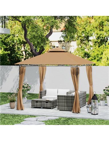 Outsunny 3 x 3 m Garden Gazebo, Double Roof Metal Gazebo with Curtains and Solar-Powered LED Lights, Outdoor Gazebo Canopy Shelt