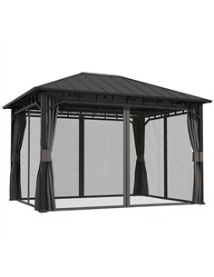 Outsunny 3 x 4m Hardtop Gazebo with Galvanised Steel Roof and Water Gutter, Waterproof Permanent Pavilion Garden Gazebo with Net