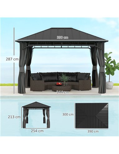 Outsunny 3 x 4m Hardtop Gazebo with Galvanised Steel Roof and Water Gutter, Waterproof Permanent Pavilion Garden Gazebo with Net