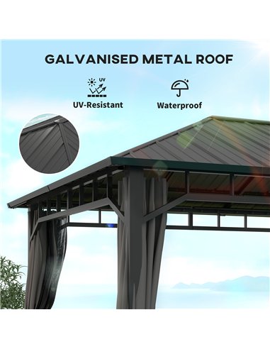 Outsunny 3 x 4m Hardtop Gazebo with Galvanised Steel Roof and Water Gutter, Waterproof Permanent Pavilion Garden Gazebo with Net