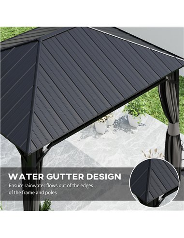 Outsunny 3 x 4m Hardtop Gazebo with Galvanised Steel Roof and Water Gutter, Waterproof Permanent Pavilion Garden Gazebo with Net