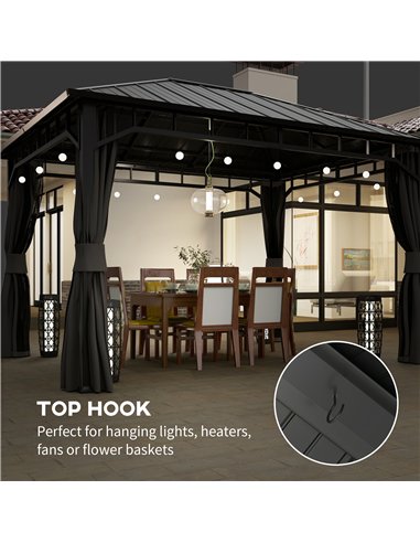 Outsunny 3 x 4m Hardtop Gazebo with Galvanised Steel Roof and Water Gutter, Waterproof Permanent Pavilion Garden Gazebo with Net