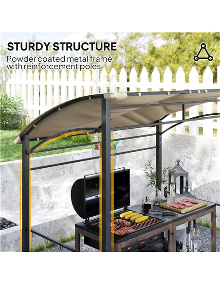 Outsunny 2.2 x 1.5 m BBQ Grill Gazebo Tent, Garden Grill with Metal Frame, Curved Canopy and 10 Hooks, Outdoor Sun Shade, Khaki - pic 119483 | FastDaddyshop