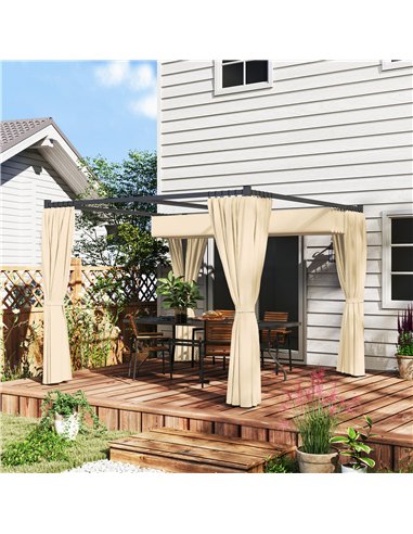 Outsunny 3 x 3(m) Retractable Pergola, Garden Gazebo Shelter with Curtains, for Grill, Patio, Deck, Khaki