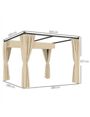 Outsunny 3 x 3(m) Retractable Pergola, Garden Gazebo Shelter with Curtains, for Grill, Patio, Deck, Khaki