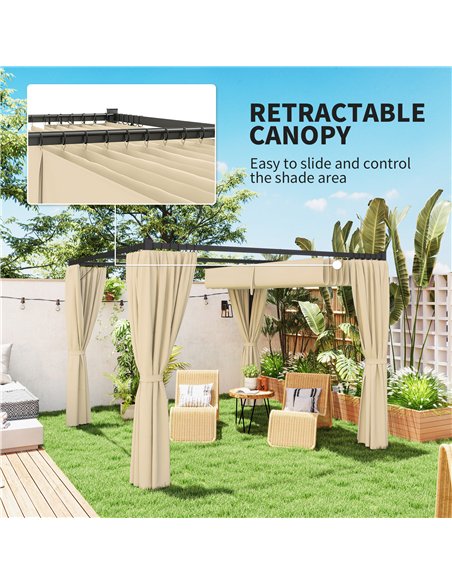 Outsunny 3 x 3(m) Retractable Pergola, Garden Gazebo Shelter with Curtains, for Grill, Patio, Deck, Khaki - pic 119526 | FastDaddyshop