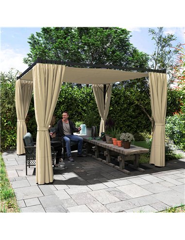 Outsunny 3 x 3(m) Retractable Pergola, Garden Gazebo Shelter with Curtains, for Grill, Patio, Deck, Khaki