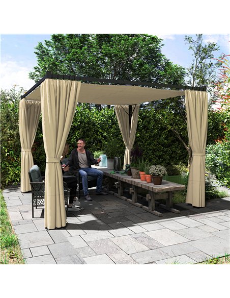 Outsunny 3 x 3(m) Retractable Pergola, Garden Gazebo Shelter with Curtains, for Grill, Patio, Deck, Khaki - pic 119529 | FastDaddyshop