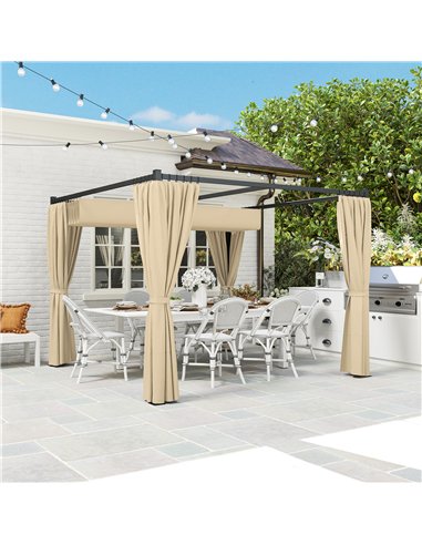 Outsunny 3 x 3(m) Retractable Pergola, Garden Gazebo Shelter with Curtains, for Grill, Patio, Deck, Khaki