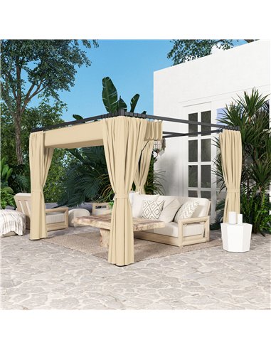 Outsunny 3 x 3(m) Retractable Pergola, Garden Gazebo Shelter with Curtains, for Grill, Patio, Deck, Khaki