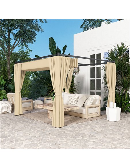 Outsunny 3 x 3(m) Retractable Pergola, Garden Gazebo Shelter with Curtains, for Grill, Patio, Deck, Khaki - pic 119531 | FastDaddyshop
