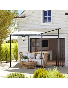 Outsunny 2.4 x 2.4 m Wall Mounted Pergola Gazebo with PA Coating Fabric and Metal Frame, UPF30+, Lean to Garden Gazebo, Wind Res 2