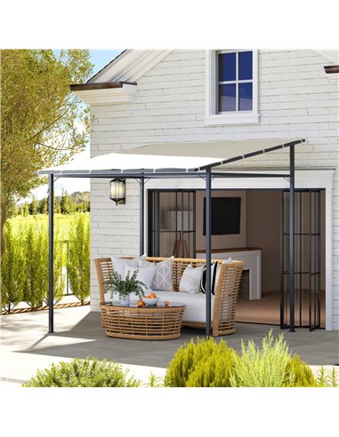 Outsunny 2.4 x 2.4 m Wall Mounted Pergola Gazebo with PA Coating Fabric and Metal Frame, UPF30+, Lean to Garden Gazebo, Wind Res