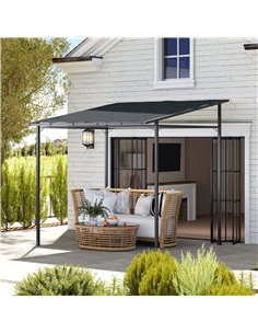 Outsunny 2.4 x 2.4 m Wall Mounted Pergola Gazebo with PA Coating Fabric and Metal Frame, UPF30+, Lean to Garden Gazebo, Wind Res 2