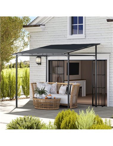 Outsunny 2.4 x 2.4 m Wall Mounted Pergola Gazebo with PA Coating Fabric and Metal Frame, UPF30+, Lean to Garden Gazebo, Wind Res
